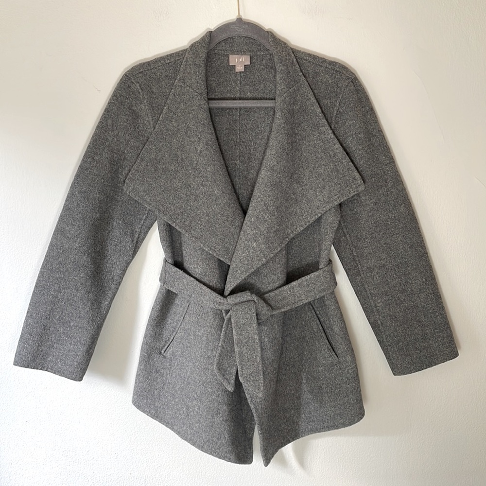 J. JILL Wool Angora Wrap Jacket Double Faced Belted Coat Cardigan in Gray